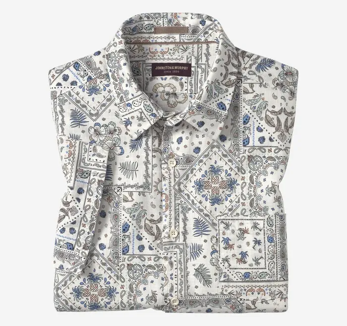 Johnston and Murphy Print Camp Shirt White Multi Bandana Men ShortSleeve Shirts
