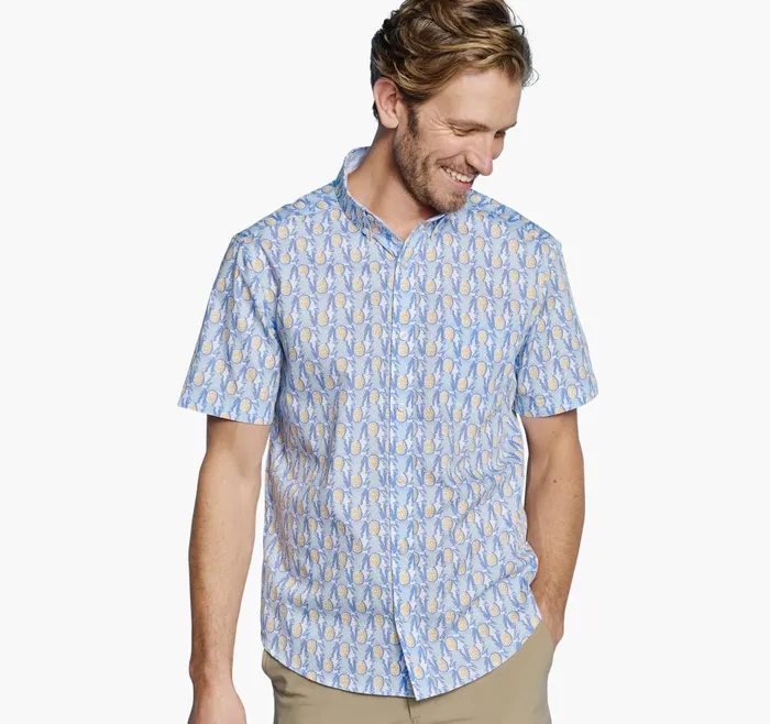 Johnston and Murphy Printed Cotton ShortSleeve Shirt Bluemulti Pineapple Men ShortSleeve Shirts