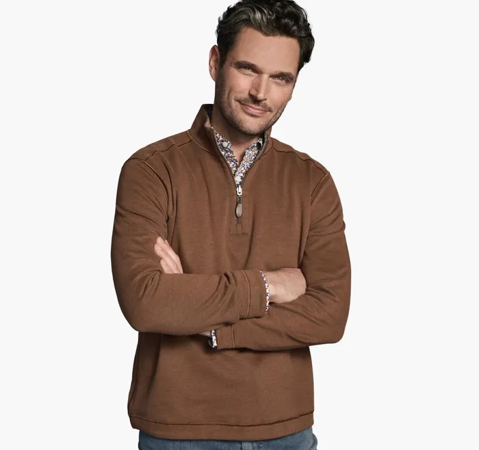 Johnston and Murphy Reversible Solid QuarterZip Rustoatmeal Men Sweaters and Knits
