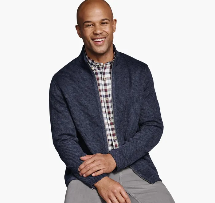Johnston and Murphy Ribbed Full Zip Sweater Navy Men Sweaters and Knits