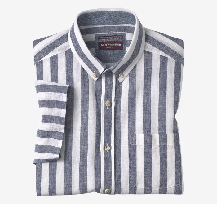 Johnston and Murphy Stripe LinenBlend Shirt Navy Stripe Men ShortSleeve Shirts