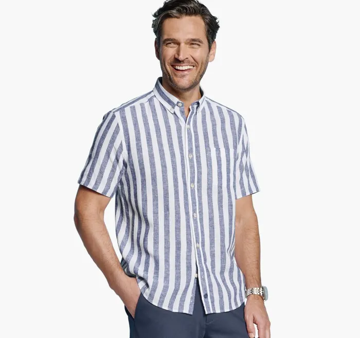 Johnston and Murphy Stripe LinenBlend Shirt Navy Stripe Men ShortSleeve Shirts Johnston and Murphy Stripe LinenBlend Shirt Navy Stripe Men ShortSleeve Shirts