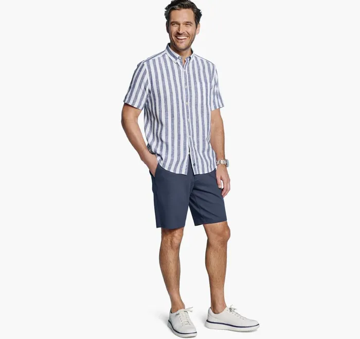 Johnston and Murphy Stripe LinenBlend Shirt Navy Stripe Men ShortSleeve Shirts Johnston and Murphy Stripe LinenBlend Shirt Navy Stripe Men ShortSleeve Shirts