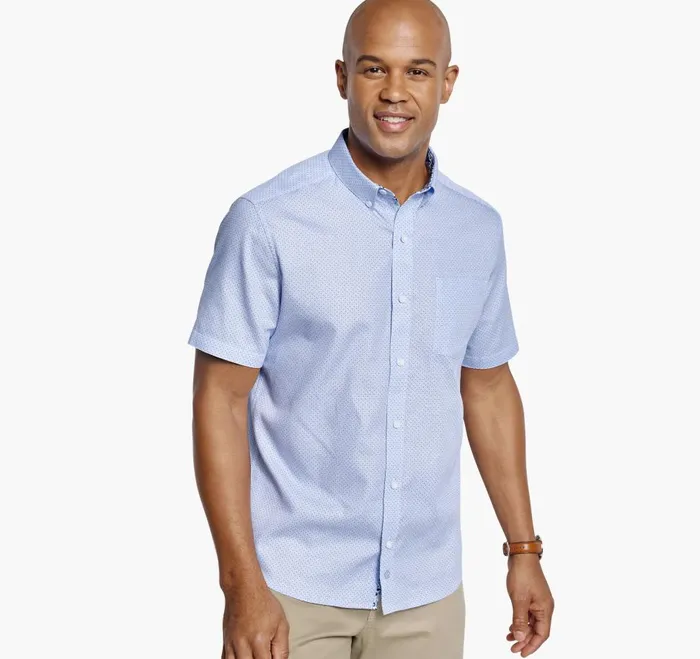 Johnston and Murphy Textured Cotton ShortSleeve Shirt Blue Linked Bar Men ShortSleeve Shirts