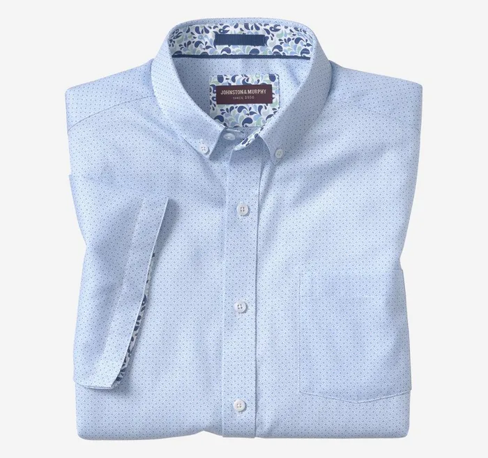 Johnston and Murphy Textured Cotton ShortSleeve Shirt Blue Linked Bar Men ShortSleeve Shirts