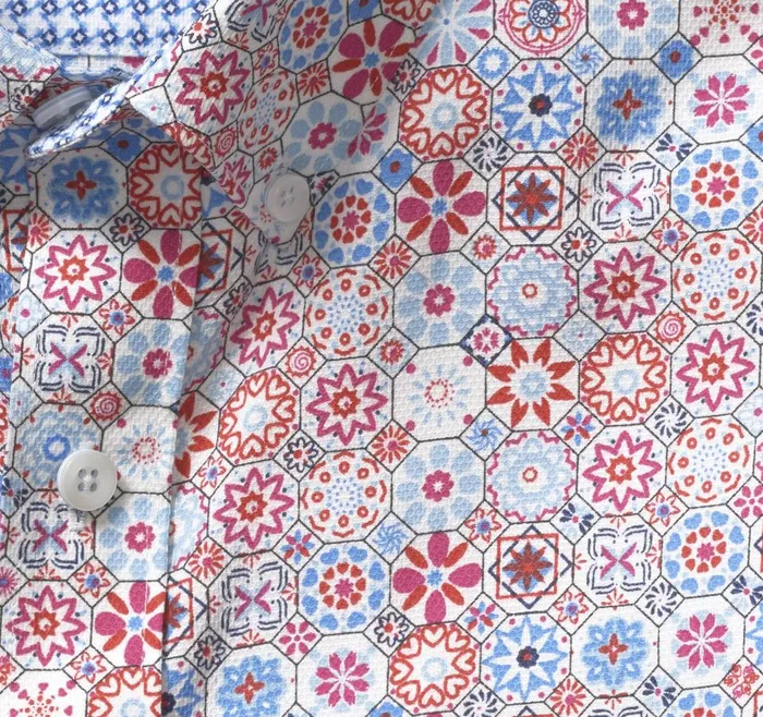 Johnston and Murphy Textured Cotton ShortSleeve Shirt Blue Multi Floral Mosaic Men ShortSleeve Shirts Johnston and Murphy Textured Cotton ShortSleeve Shirt Blue Multi Floral Mosaic Men ShortSleeve Shirts