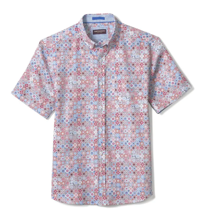 Johnston and Murphy Textured Cotton ShortSleeve Shirt Blue Multi Floral Mosaic Men ShortSleeve Shirts Johnston and Murphy Textured Cotton ShortSleeve Shirt Blue Multi Floral Mosaic Men ShortSleeve Shirts