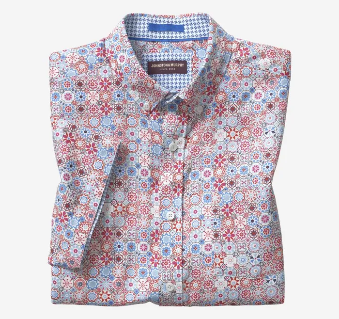 Johnston and Murphy Textured Cotton ShortSleeve Shirt Blue Multi Floral Mosaic Men ShortSleeve Shirts Johnston and Murphy Textured Cotton ShortSleeve Shirt Blue Multi Floral Mosaic Men ShortSleeve Shirts