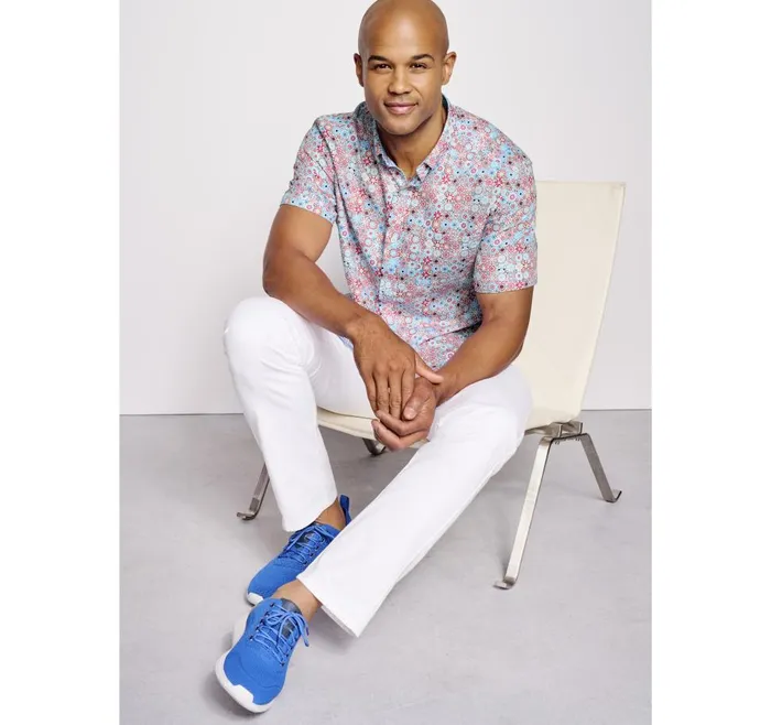 Johnston and Murphy Textured Cotton ShortSleeve Shirt Blue Multi Floral Mosaic Men ShortSleeve Shirts Johnston and Murphy Textured Cotton ShortSleeve Shirt Blue Multi Floral Mosaic Men ShortSleeve Shirts