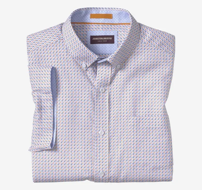 Johnston and Murphy Textured Cotton ShortSleeve Shirt Orange Triangle Dot Men ShortSleeve Shirts