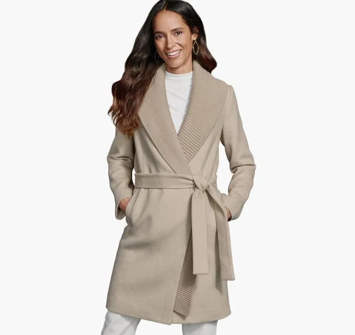 Johnston and Murphy WoolBlend Coat With Removable Knit Collar Taupe Women Coats Jackets and Vests