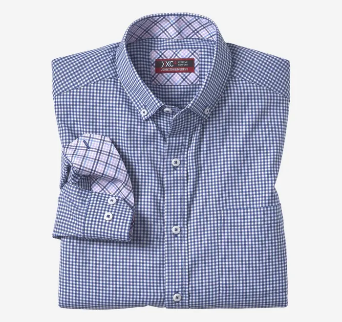 Johnston and Murphy XC4 LongSleeve StretchWoven Shirt Navywhite Gingham Men Shirts