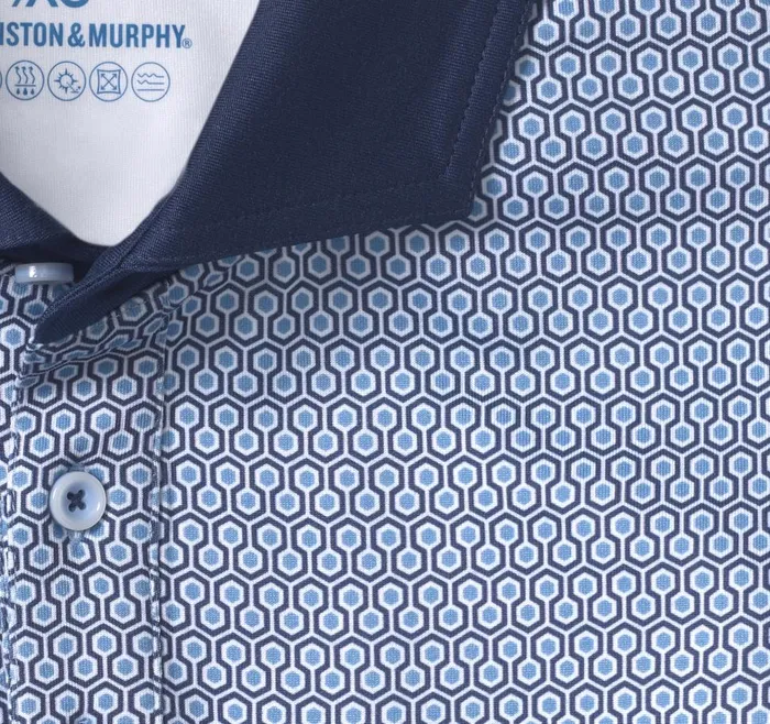 Johnston and Murphy XC4 Performance Print Polo Cool Degree Blue Hexagon Men Polos and Tees Johnston and Murphy XC4 Performance Print Polo Cool Degree Blue Hexagon Men Polos and Tees
