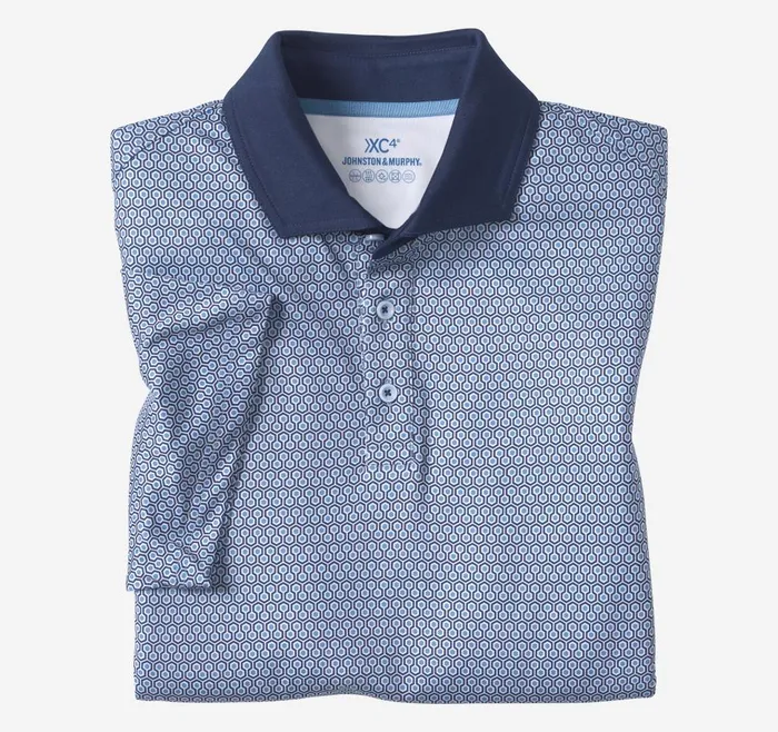Johnston and Murphy XC4 Performance Print Polo Cool Degree Blue Hexagon Men Polos and Tees Johnston and Murphy XC4 Performance Print Polo Cool Degree Blue Hexagon Men Polos and Tees