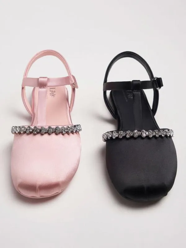 Kids Girls039 Satin GemEmbellished TBar Flats 8211 Pink CHARLES and KEITH Shoes