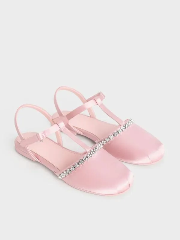 Kids Girls039 Satin GemEmbellished TBar Flats 8211 Pink CHARLES and KEITH Shoes