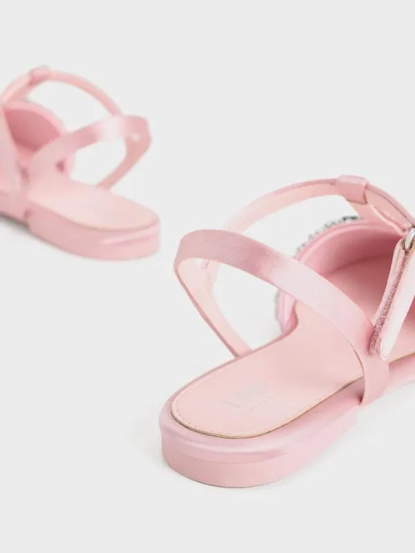 Kids Girls039 Satin GemEmbellished TBar Flats 8211 Pink CHARLES and KEITH Shoes