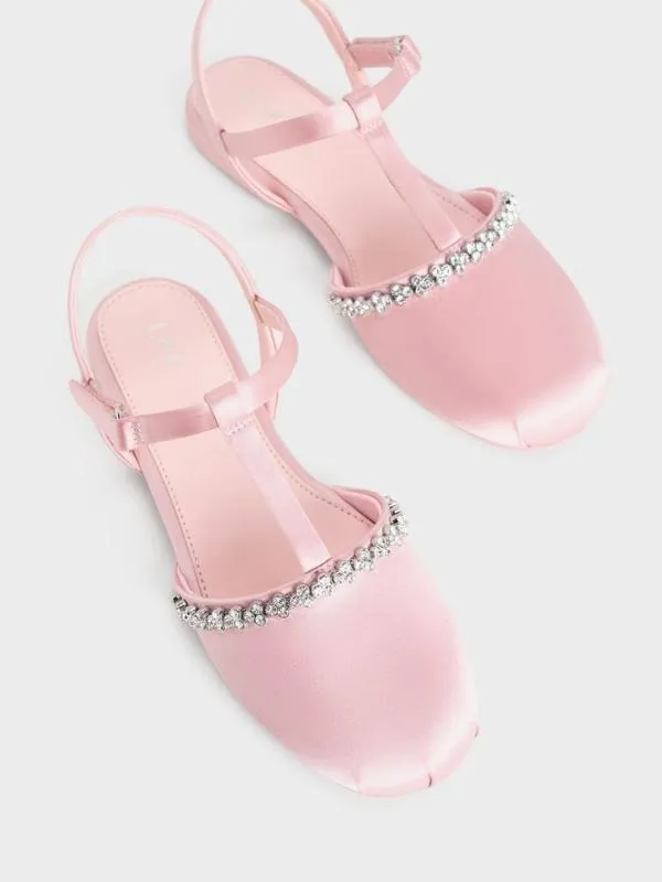Kids Girls039 Satin GemEmbellished TBar Flats 8211 Pink CHARLES and KEITH Shoes