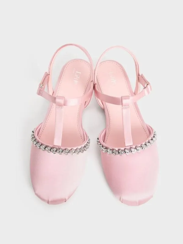 Kids Girls039 Satin GemEmbellished TBar Flats 8211 Pink CHARLES and KEITH Shoes