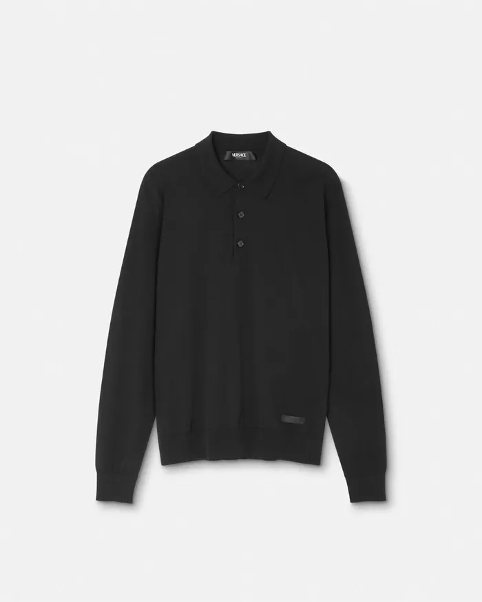 Knitwear Men Versace SilkBlend LongSleeved Polo Shirt Black
