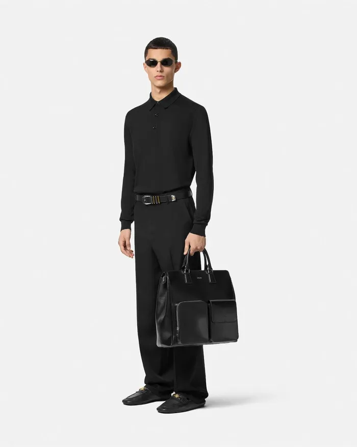 Knitwear Men Versace SilkBlend LongSleeved Polo Shirt Black