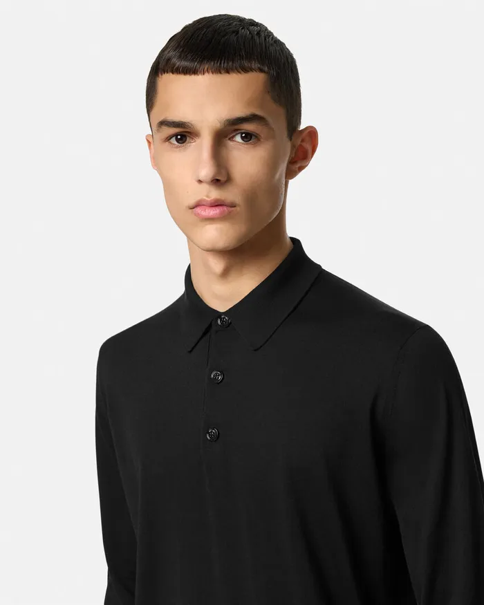 Knitwear Men Versace SilkBlend LongSleeved Polo Shirt Black