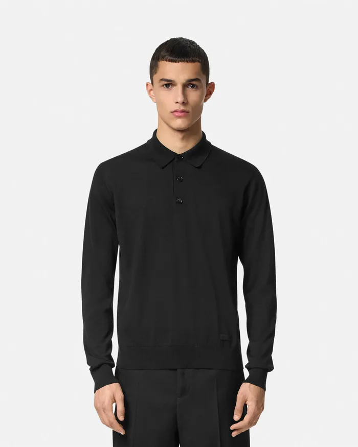 Knitwear Men Versace SilkBlend LongSleeved Polo Shirt Black