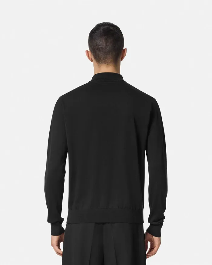 Knitwear Men Versace SilkBlend LongSleeved Polo Shirt Black