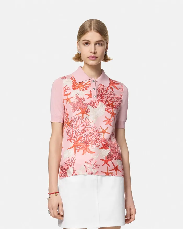Knitwear Women Versace Barocco Sea Knit Polo Shirt Pinkprint