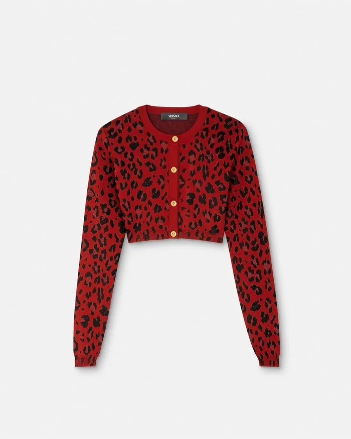 Knitwear Women Versace Leopard Lurex Crop Knit Cardigan Red