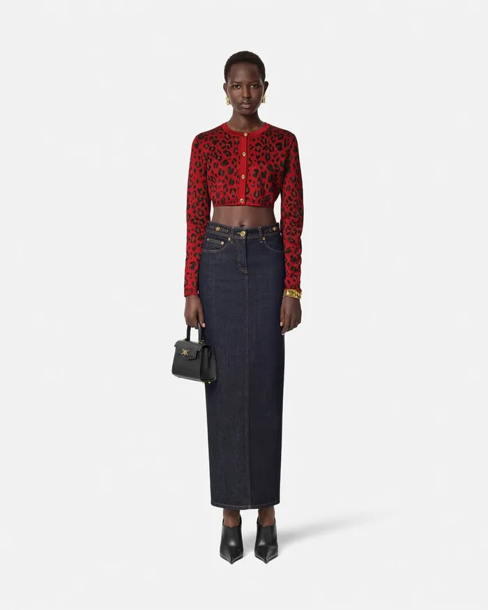 Knitwear Women Versace Leopard Lurex Crop Knit Cardigan Red