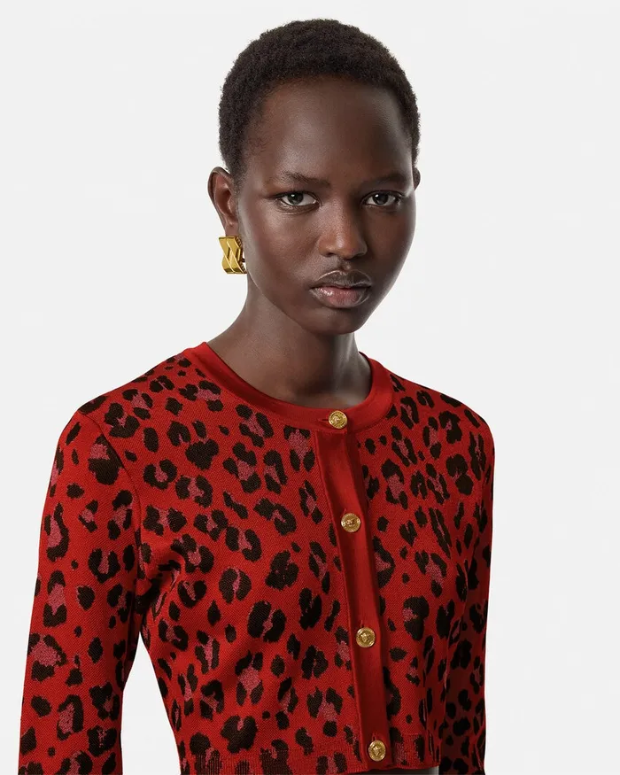 Knitwear Women Versace Leopard Lurex Crop Knit Cardigan Red
