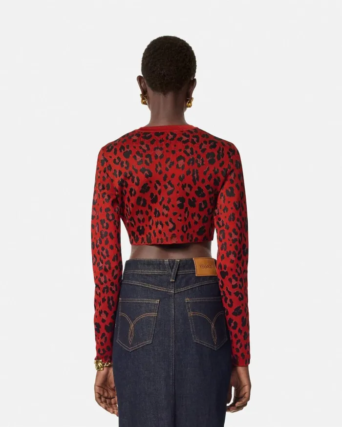 Knitwear Women Versace Leopard Lurex Crop Knit Cardigan Red