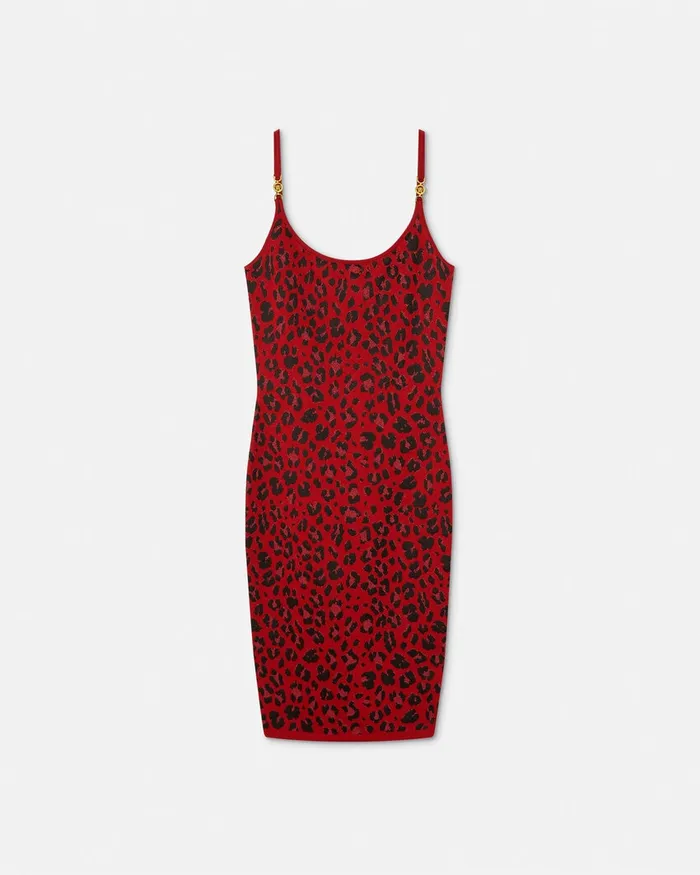 Knitwear Women Versace Leopard Lurex Fitted Knit Midi Dress Red
