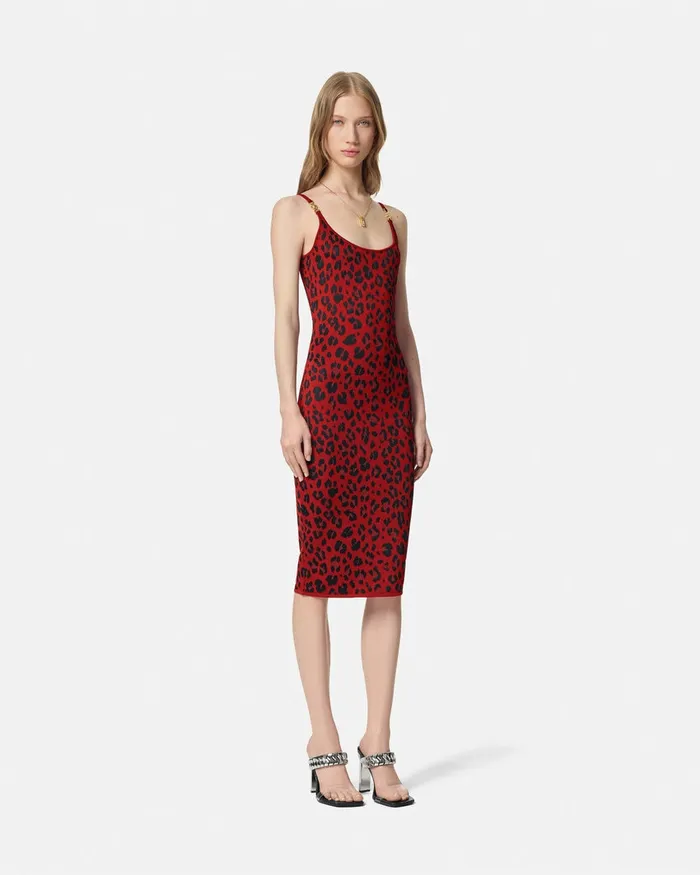 Knitwear Women Versace Leopard Lurex Fitted Knit Midi Dress Red