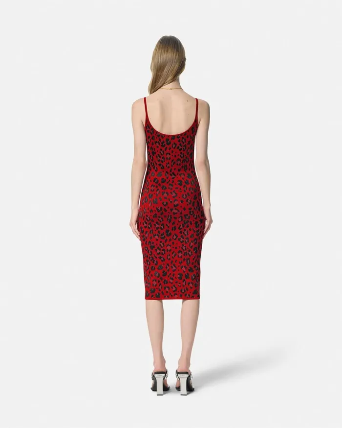 Knitwear Women Versace Leopard Lurex Fitted Knit Midi Dress Red