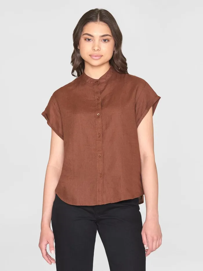 KnowledgeCotton Apparel Shirts Collar Stand Short Sleeve Linen Shirt Tiramisu 8211 Women