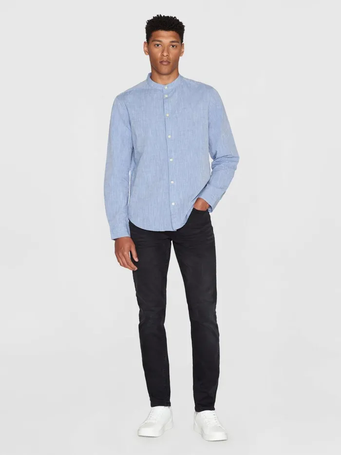 KnowledgeCotton Apparel Shirts Custom Fit Linen Stand Collar Shirt Moonlight Blue 8211 Men