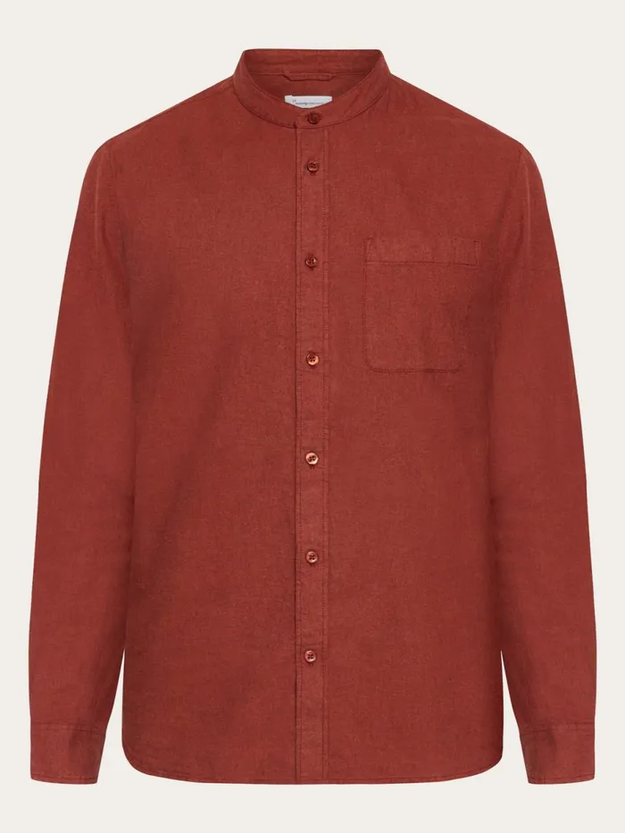 KnowledgeCotton Apparel Shirts Regular Fit Melang Flannel Stand Collar Shirt Fired Brick 8211 Men