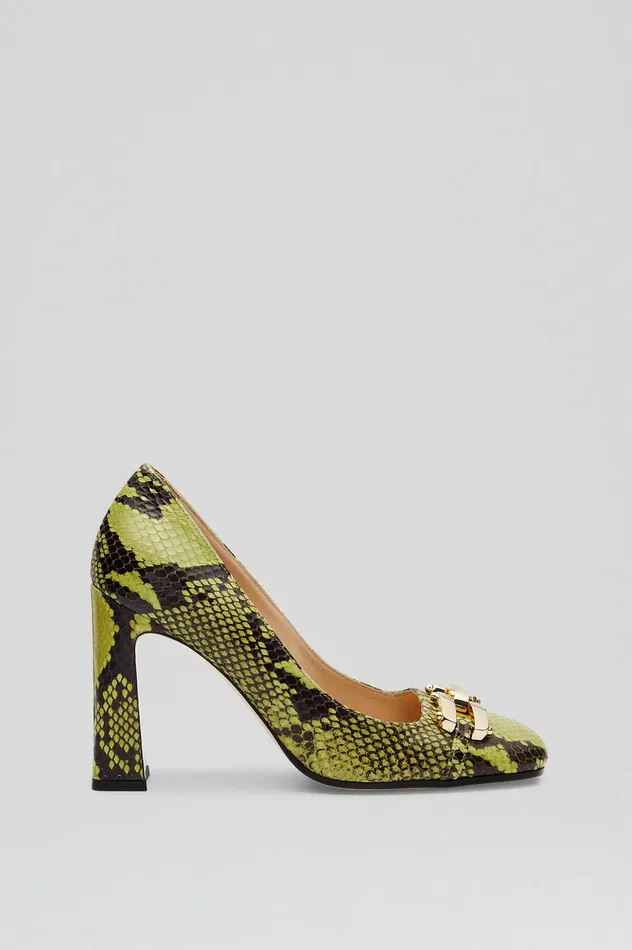 Leather Scanlan Theodore Women GOLD TRIM SQUARE TOE PUMP 95 VERT Leather Scanlan Theodore Women GOLD TRIM SQUARE TOE PUMP 95 VERT