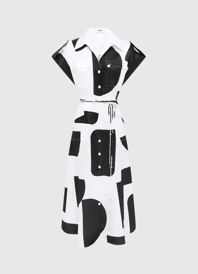 LEO LIN Audrey Pocket Shirt Midi Dress 8211 Geo Print Women Dresses and Jumpsuits