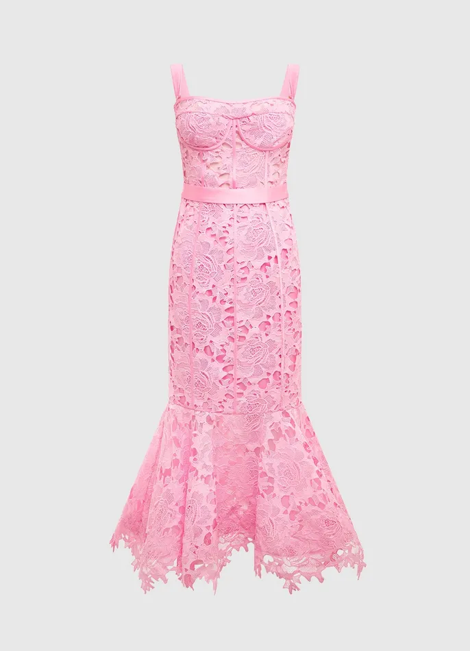 LEO LIN Dresses and Jumpsuits Women Clover Lace Bustier Ruffle Midi Dress 8211 Candy Pink