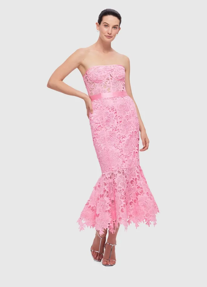 LEO LIN Dresses and Jumpsuits Women Clover Lace Bustier Ruffle Midi Dress 8211 Candy Pink