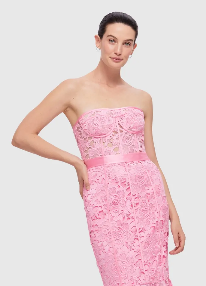 LEO LIN Dresses and Jumpsuits Women Clover Lace Bustier Ruffle Midi Dress 8211 Candy Pink