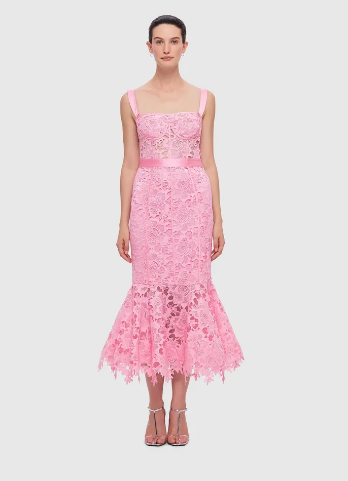 LEO LIN Dresses and Jumpsuits Women Clover Lace Bustier Ruffle Midi Dress 8211 Candy Pink