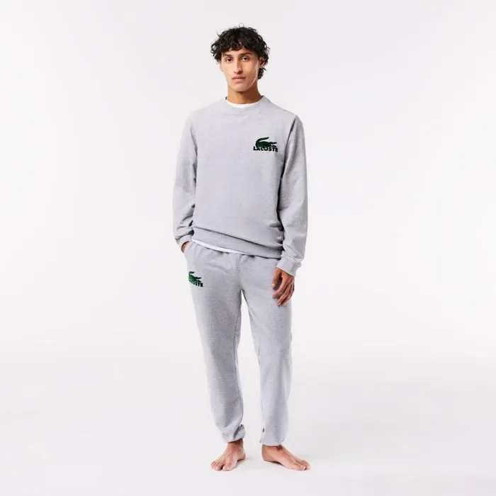 Loungewear and Pajamas Men Lacoste Men039s Cotton Fleece Lounge Sweatshirt Grey Chine Green Y9k