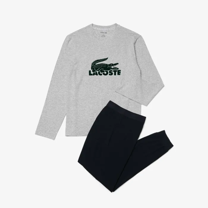 Loungewear and Pajamas Men Lacoste Mens Velvet Logo Long Pajama Set Navy Blue Grey Chine Green Vxd