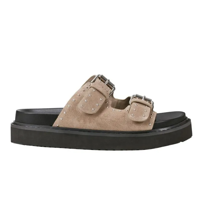 Marc Fisher Sandals Women Agusta Studded Slide Sandal Taupe Suede