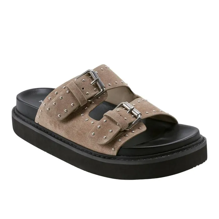 Marc Fisher Sandals Women Agusta Studded Slide Sandal Taupe Suede