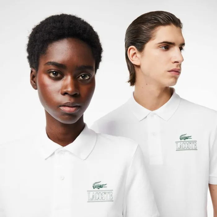 Matching Sets MenWomen Lacoste Unisex Signature Print Stretch Piqu Polo White 001